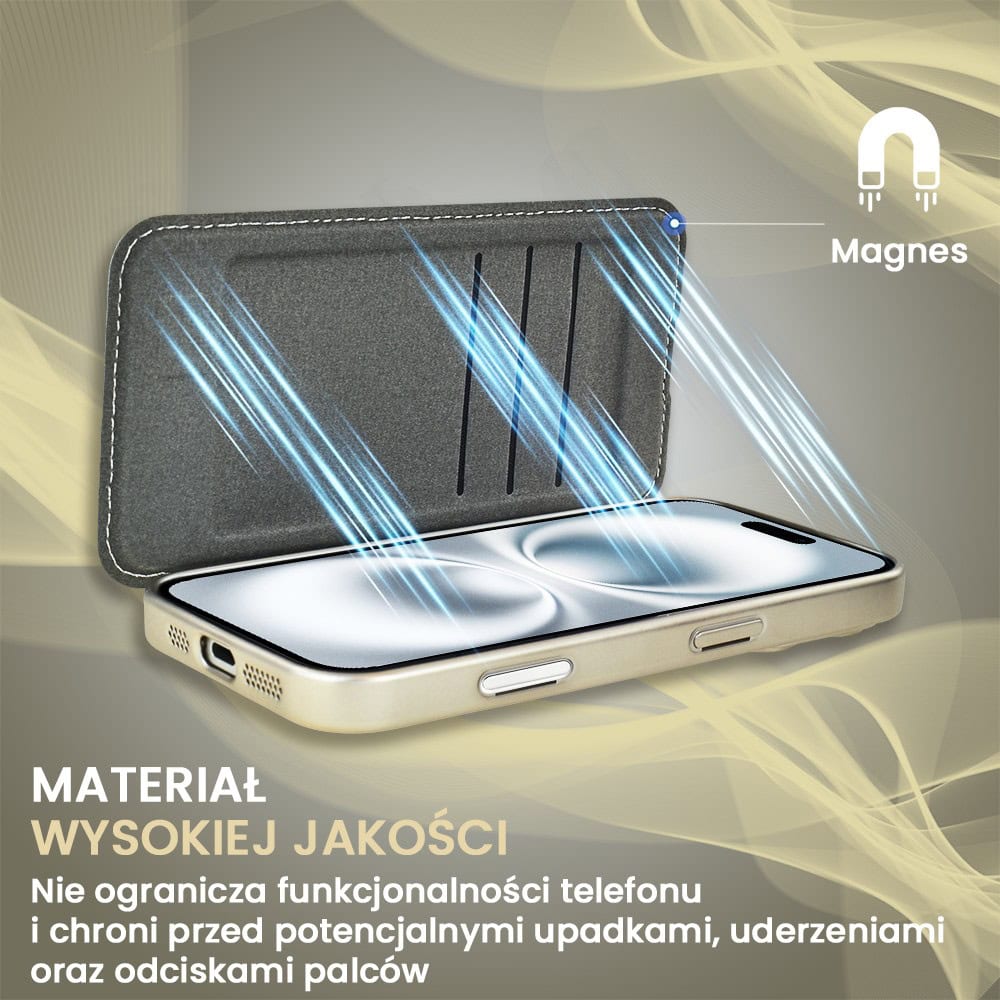 Etui do iPhone 16 typu książka Book Magsafe Lens Protect, z klapką, tytanowe (OUTLET)
