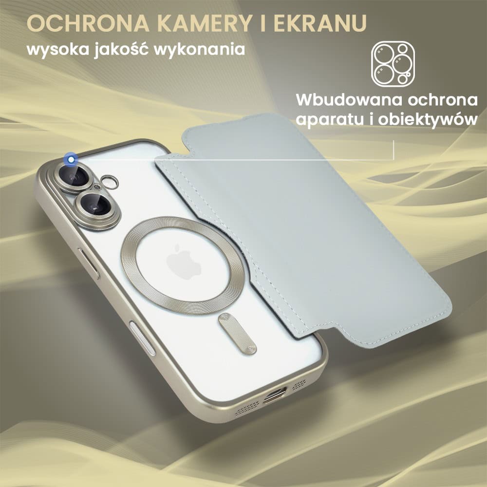 Etui do iPhone 16 typu książka Book Magsafe Lens Protect, z klapką, tytanowe (OUTLET)