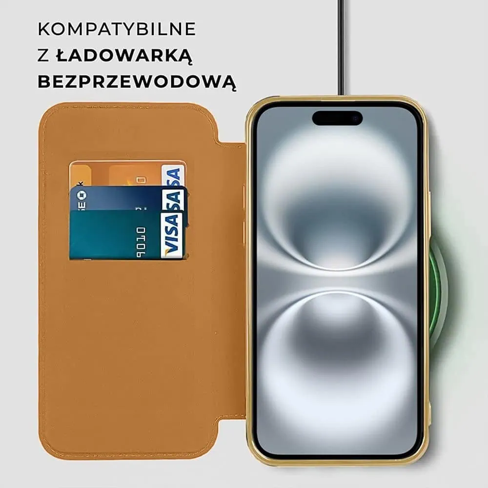 Etui do iPhone 16 typu książka Book Magsafe Lens Protect, z klapką, złote (OUTLET)