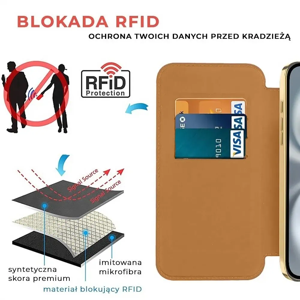 Etui do iPhone 16 typu książka Book Magsafe Lens Protect, z klapką, złote (OUTLET)