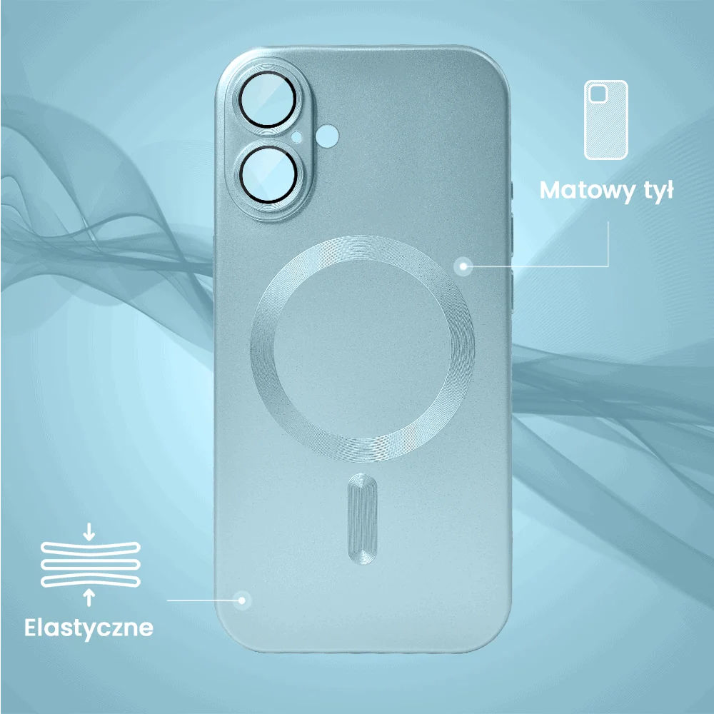 Etui do iPhone 16 z Magsafe, cienkie, metaliczne, z osłoną aparatu, błękitne