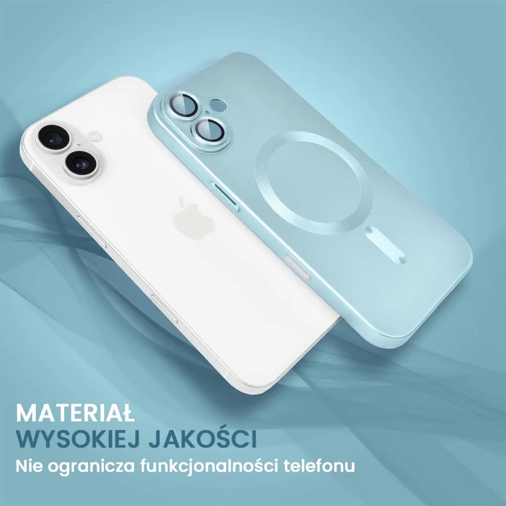Etui do iPhone 16 z Magsafe, cienkie, metaliczne, z osłoną aparatu, błękitne