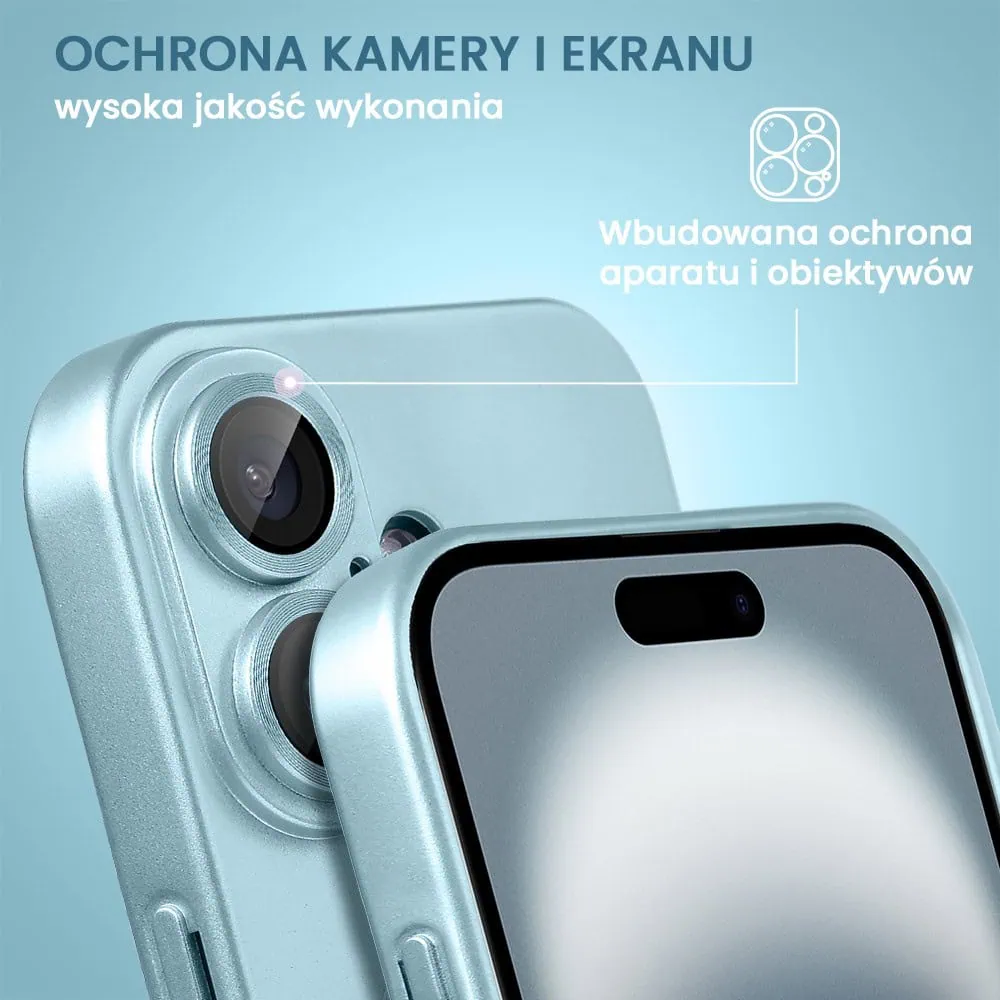 Etui do iPhone 16 z Magsafe, cienkie, metaliczne, z osłoną aparatu, błękitne