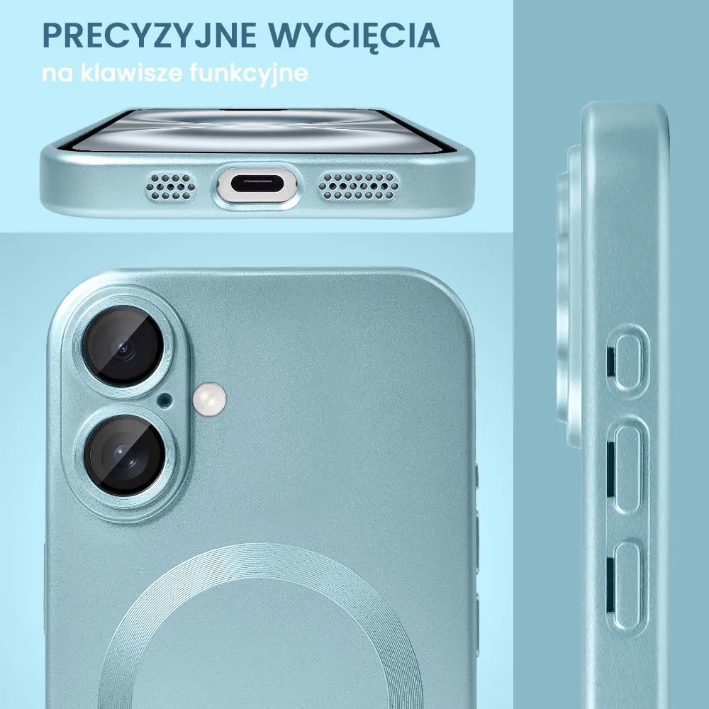 Etui do iPhone 16 z Magsafe, cienkie, metaliczne, z osłoną aparatu, błękitne