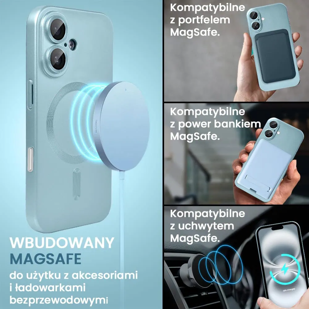 Etui do iPhone 16 z Magsafe, cienkie, metaliczne, z osłoną aparatu, błękitne