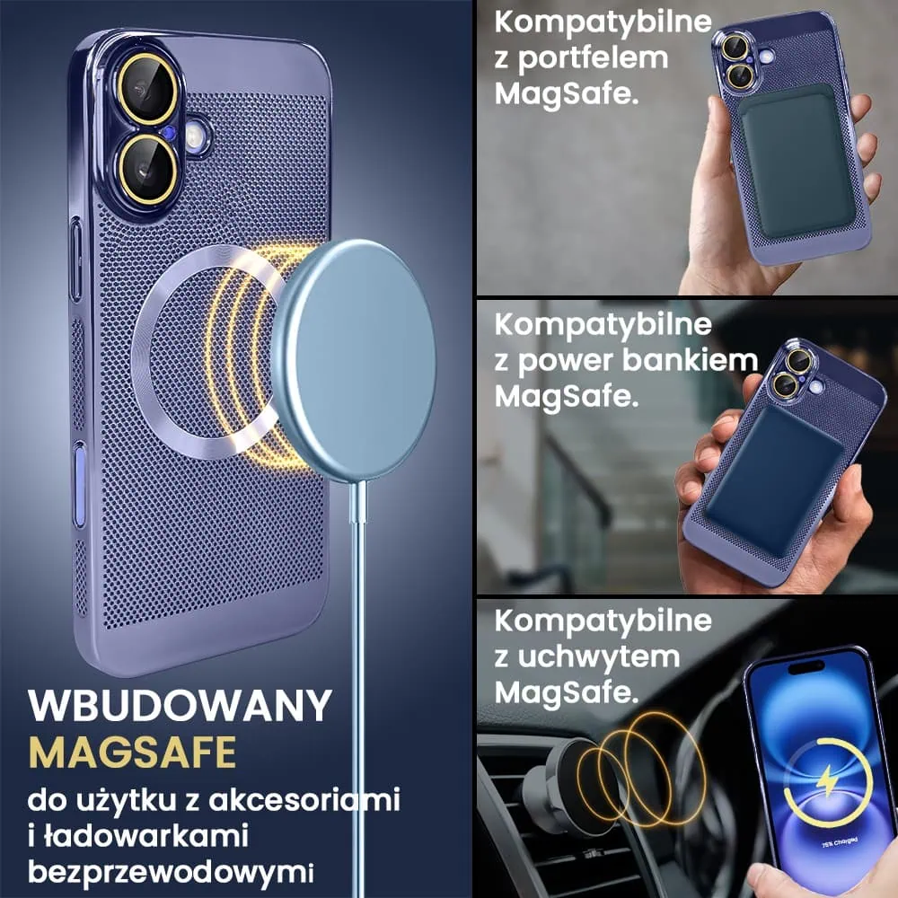 Etui do iPhone 16 Plus z Magsafe, cienkie, twarde, oddychające, z osłoną aparatu, granatowe