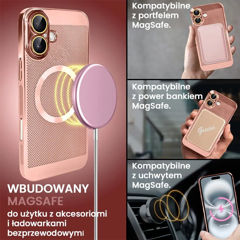 Etui do iPhone 16 z Magsafe, cienkie, twarde, oddychające, z osłoną aparatu, różowe złoto (OUTLET)
