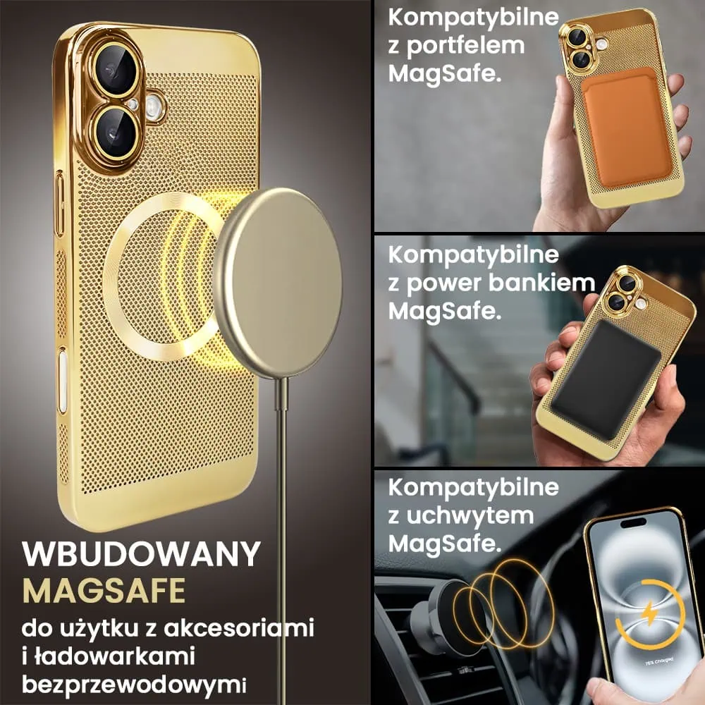 Etui do iPhone 16 z Magsafe, cienkie, twarde, oddychające, z osłoną aparatu, złote (OUTLET)