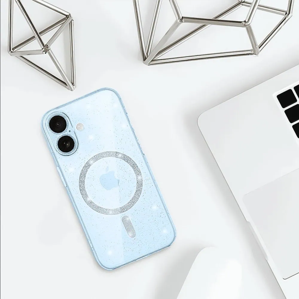 Etui do iPhone 16 Plus z Magsafe, przeźroczyste, błyszczący brokat, niebieskie