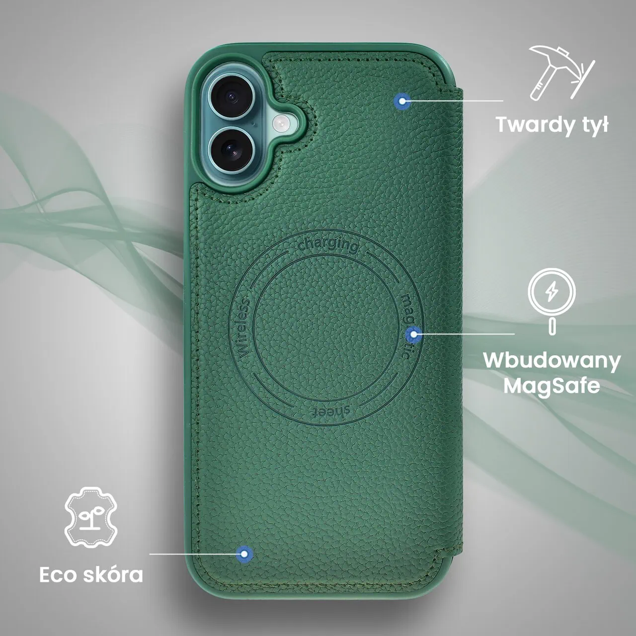 Etui do iPhone 16 Plus z klapką Solid MagSafe Book, typu książka, zielone