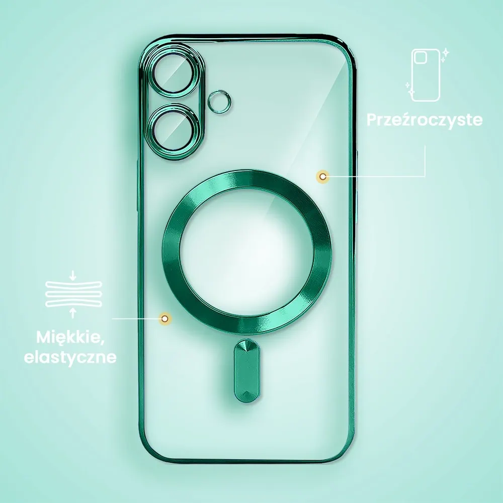 Etui do iPhone 16 MagSafe Luxury Protect przeźroczyste, hybrydowa ochrona kamery, miętowe