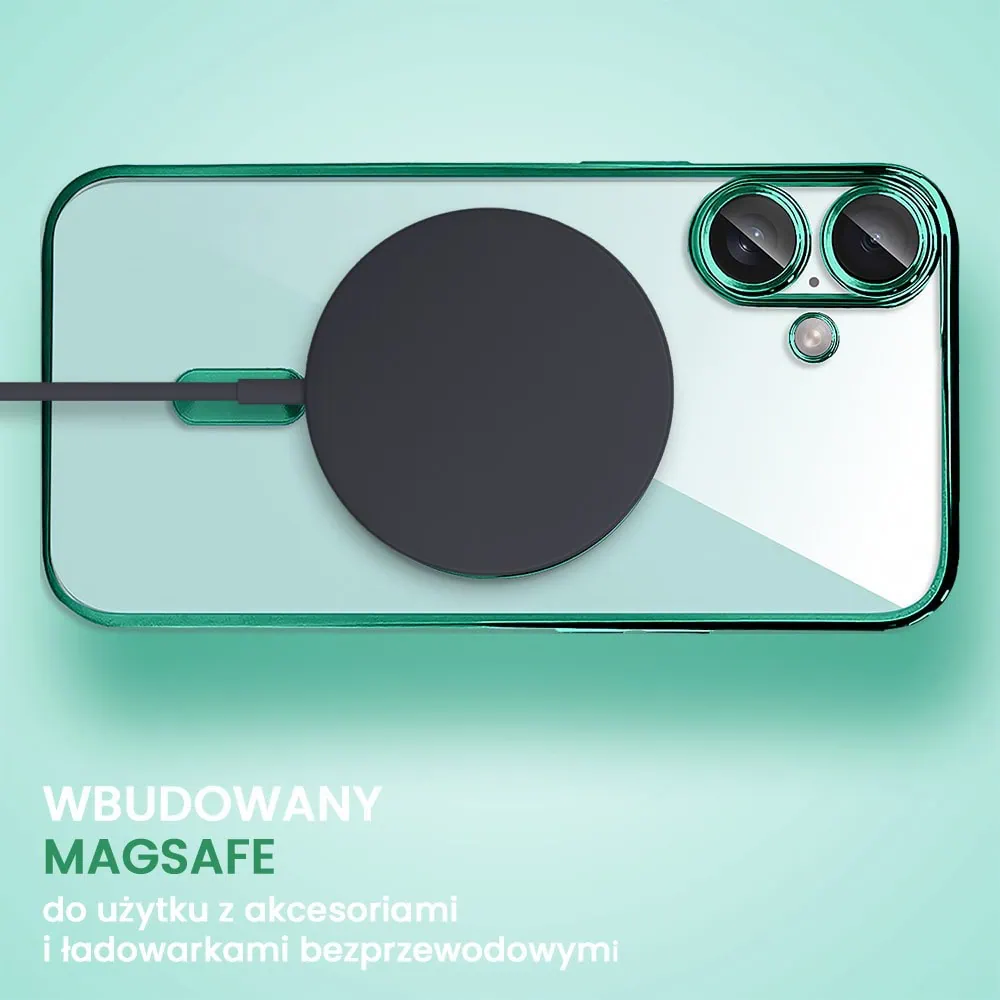 Etui do iPhone 16 MagSafe Luxury Protect przeźroczyste, hybrydowa ochrona kamery, miętowe