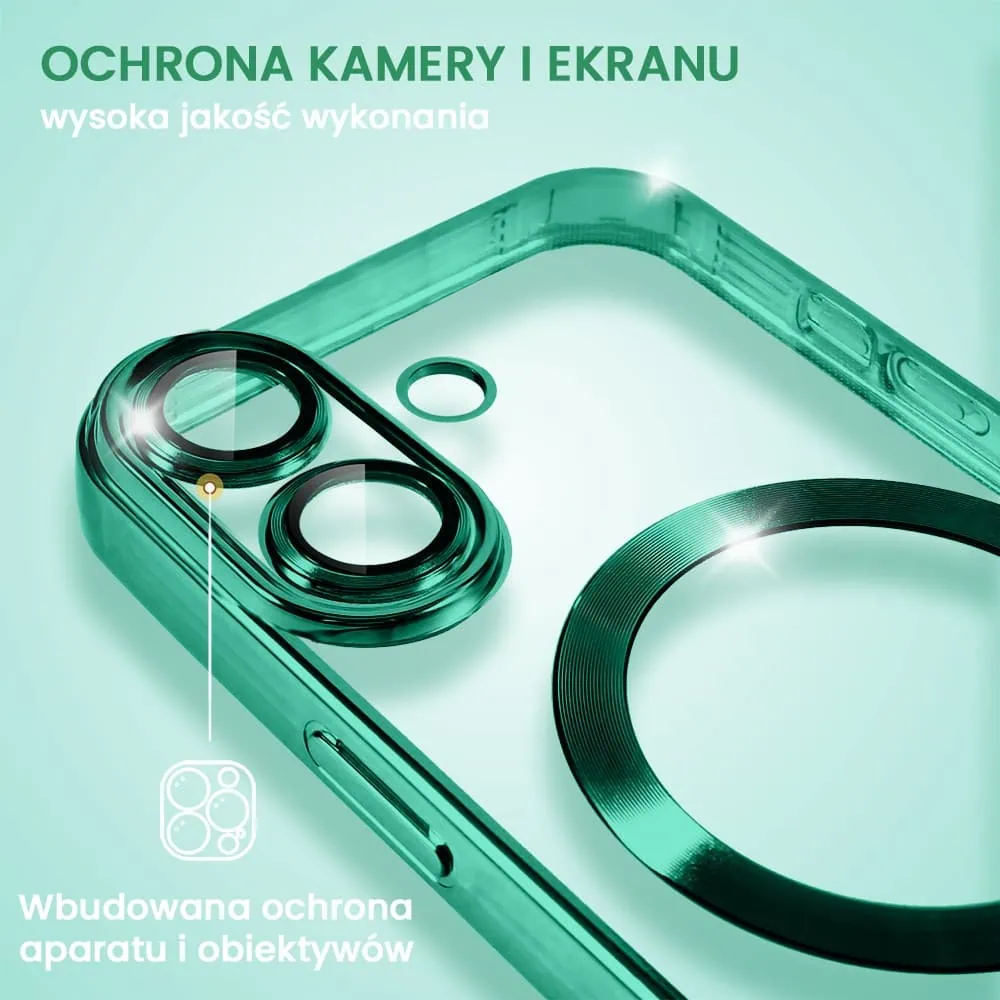 Etui do iPhone 16 MagSafe Luxury Protect przeźroczyste, hybrydowa ochrona kamery, miętowe
