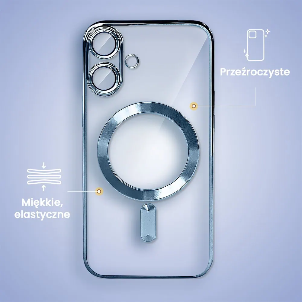 Etui do iPhone 16 Plus MagSafe Luxury Protect przeźroczyste, hybrydowa ochrona kamery, jasny niebieski