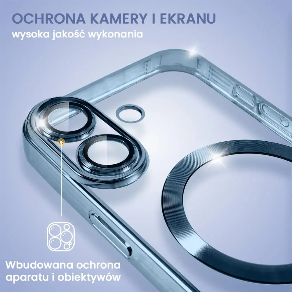 Etui do iPhone 16 Plus MagSafe Luxury Protect przeźroczyste, hybrydowa ochrona kamery, jasny niebieski