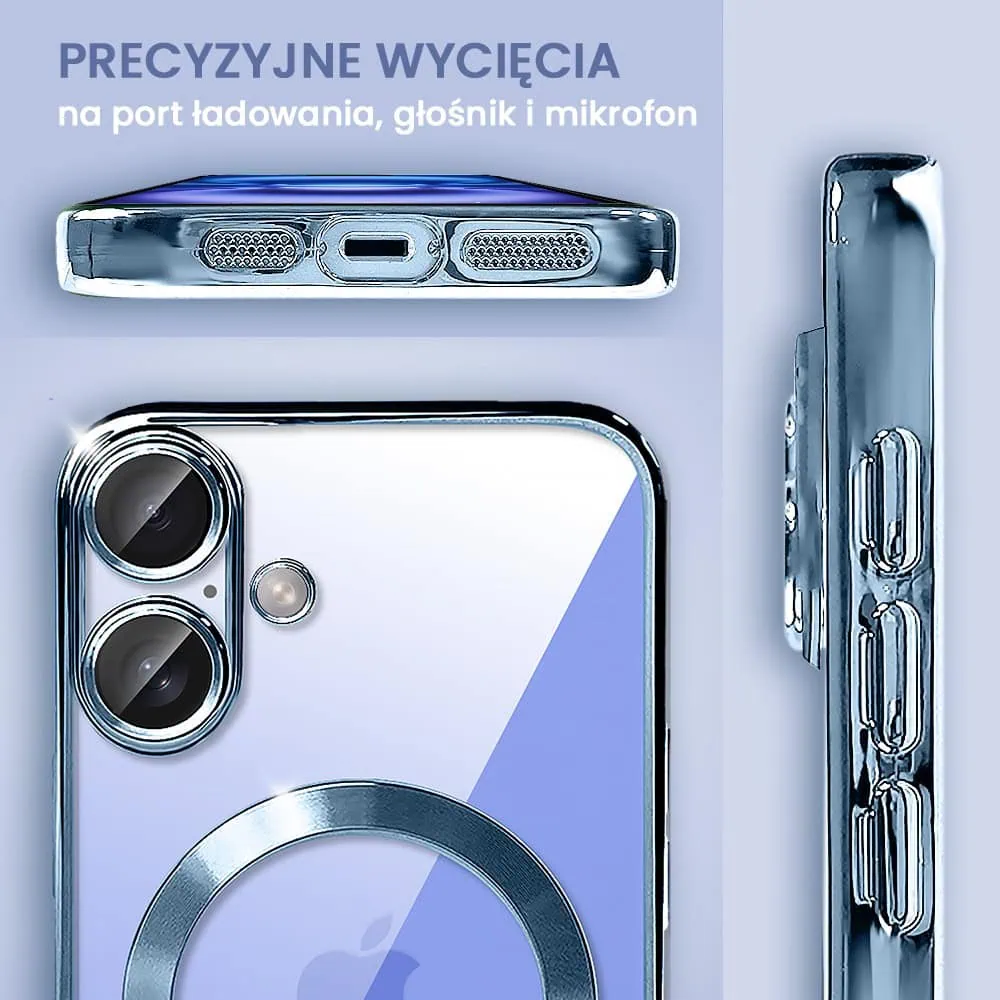 Etui do iPhone 16 Plus MagSafe Luxury Protect przeźroczyste, hybrydowa ochrona kamery, jasny niebieski