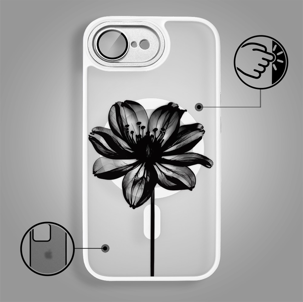 Etui do iPhone 16e Color Flush z MagSafe, z osłoną aparatu, czarny kwiat, białe