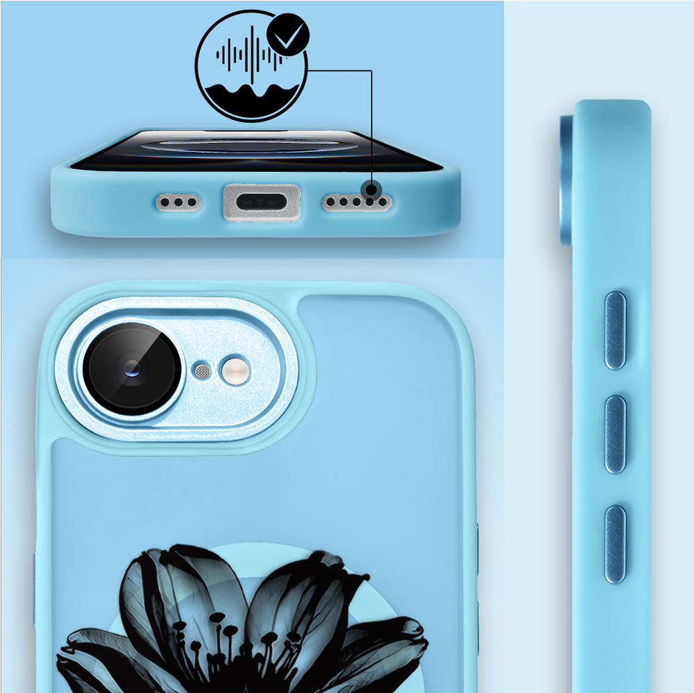 Etui do iPhone 16e Color Flush z MagSafe, z osłoną aparatu, czarny kwiat, błękitne