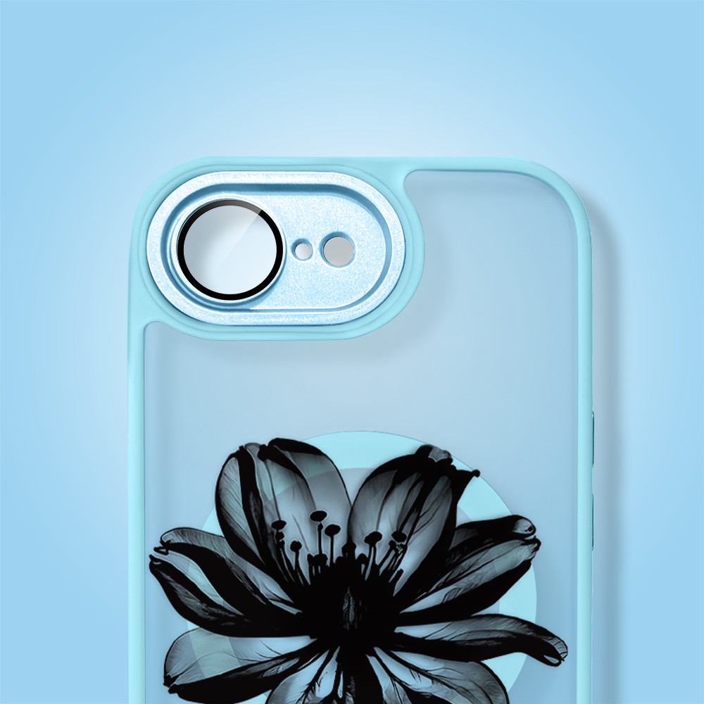 Etui do iPhone 16e Color Flush z MagSafe, z osłoną aparatu, czarny kwiat, błękitne