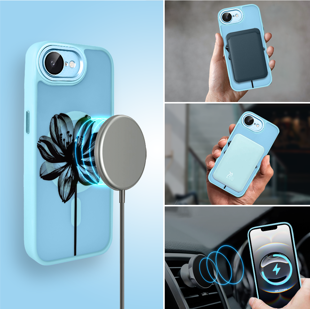 Etui do iPhone 16e Color Flush z MagSafe, z osłoną aparatu, czarny kwiat, błękitne