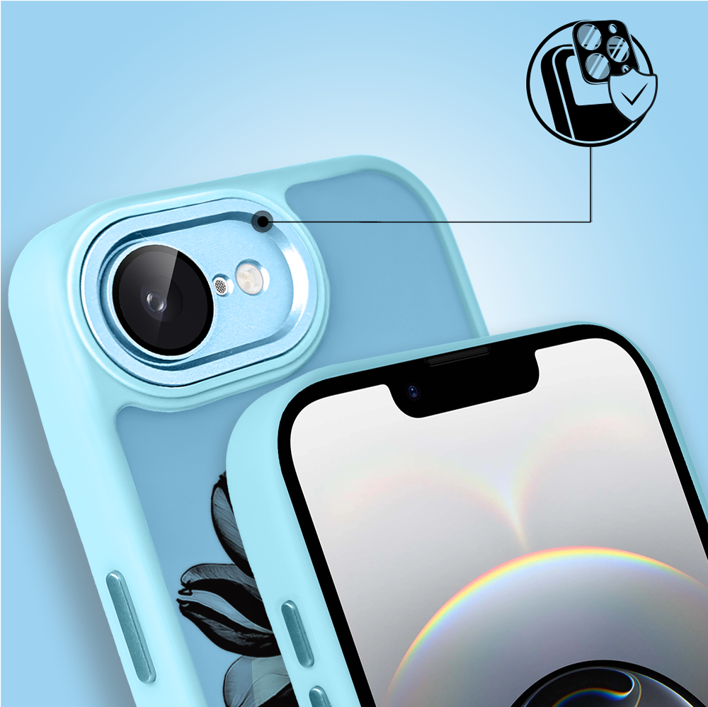 Etui do iPhone 16e Color Flush z MagSafe, z osłoną aparatu, czarny kwiat, błękitne