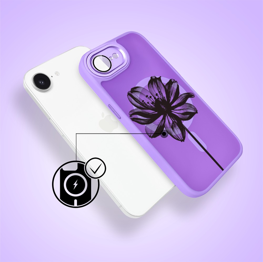 Etui do iPhone 16e Color Flush z MagSafe, z osłoną aparatu, czarny kwiat, fioletowe