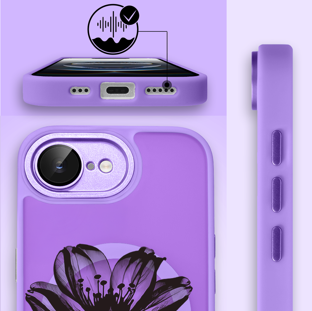 Etui do iPhone 16e Color Flush z MagSafe, z osłoną aparatu, czarny kwiat, fioletowe
