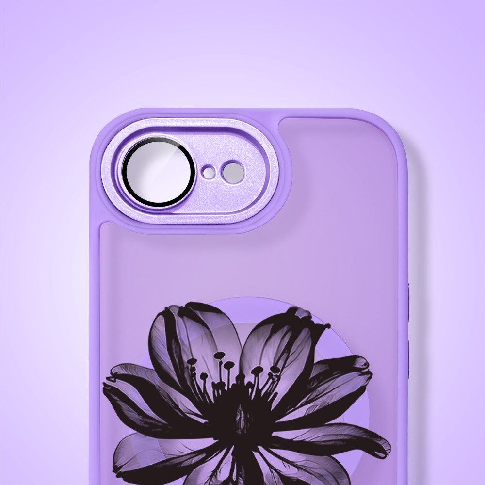 Etui do iPhone 16e Color Flush z MagSafe, z osłoną aparatu, czarny kwiat, fioletowe