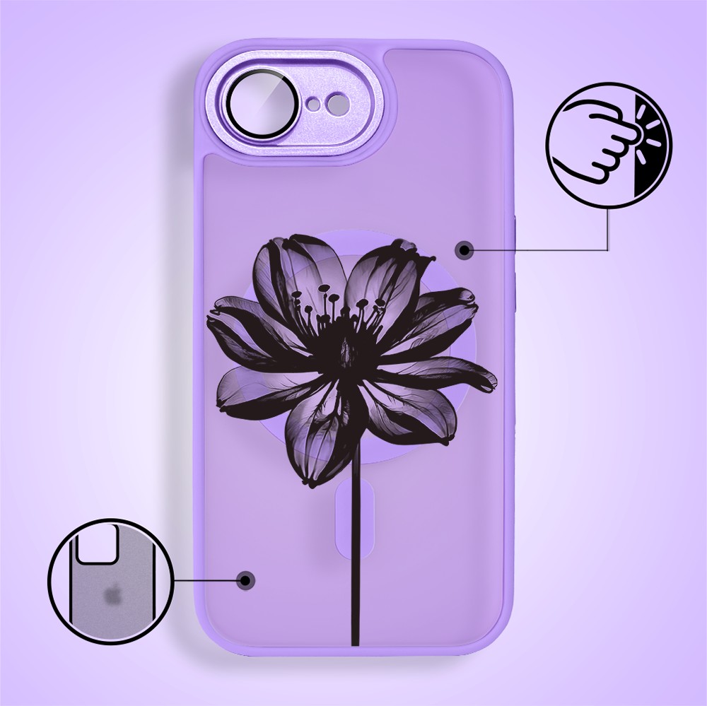 Etui do iPhone 16e Color Flush z MagSafe, z osłoną aparatu, czarny kwiat, fioletowe