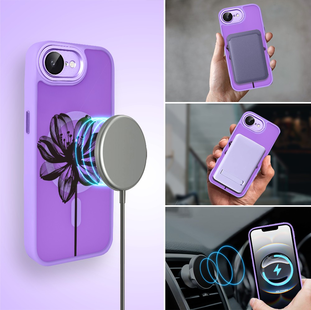 Etui do iPhone 16e Color Flush z MagSafe, z osłoną aparatu, czarny kwiat, fioletowe