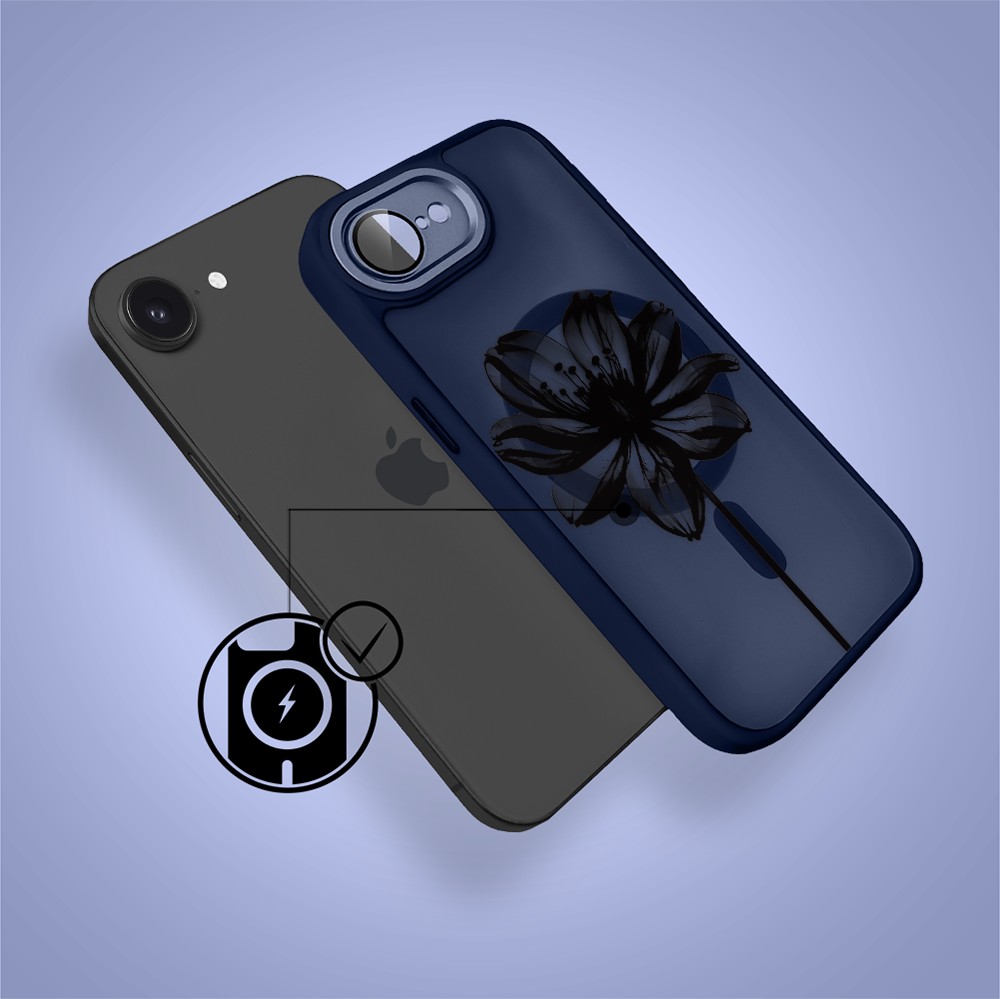 Etui do iPhone 16e Color Flush z MagSafe, z osłoną aparatu, czarny kwiat, granatowe