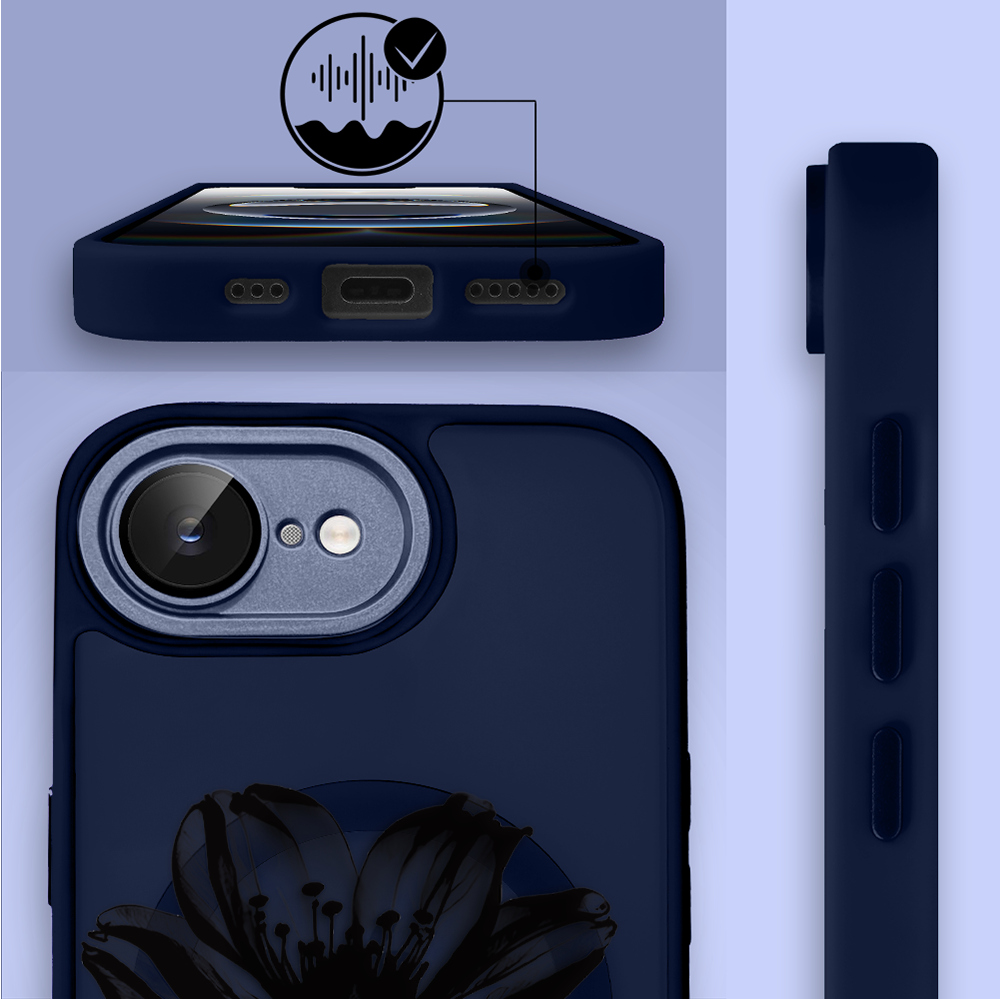 Etui do iPhone 16e Color Flush z MagSafe, z osłoną aparatu, czarny kwiat, granatowe