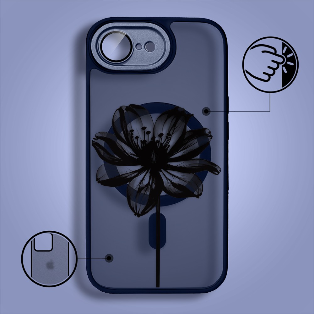 Etui do iPhone 16e Color Flush z MagSafe, z osłoną aparatu, czarny kwiat, granatowe