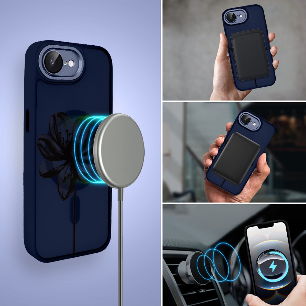 Etui do iPhone 16e Color Flush z MagSafe, z osłoną aparatu, czarny kwiat, granatowe