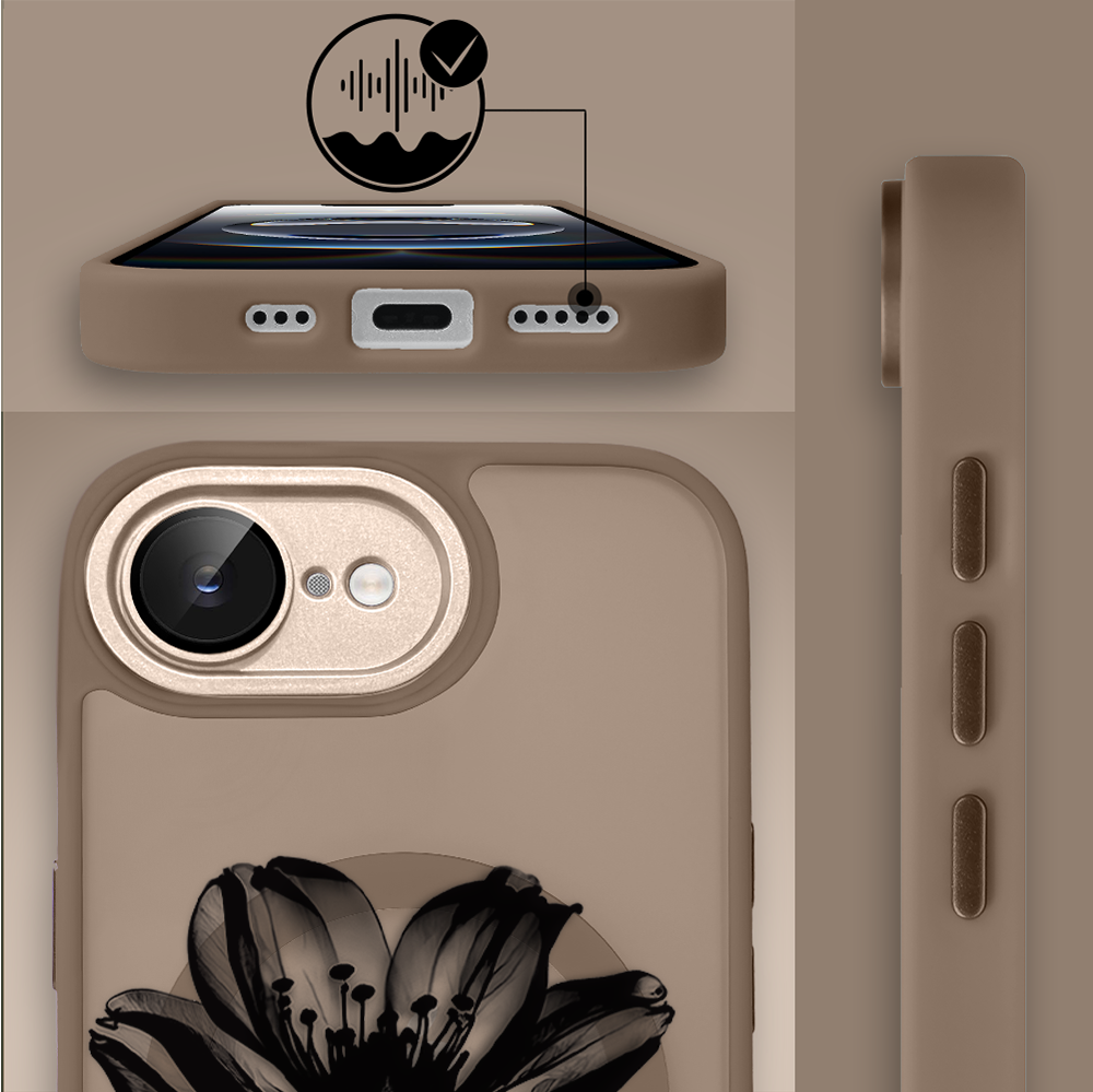Etui do iPhone 16e Color Flush z MagSafe, z osłoną aparatu, czarny kwiat, pustynny brąz