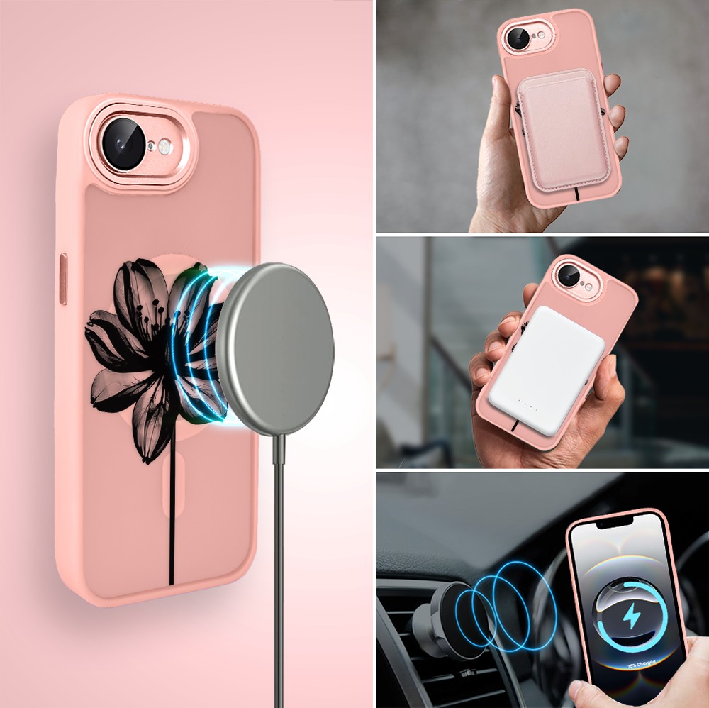 Etui do iPhone 16e Color Flush z MagSafe, z osłoną aparatu, czarny kwiat, różowe