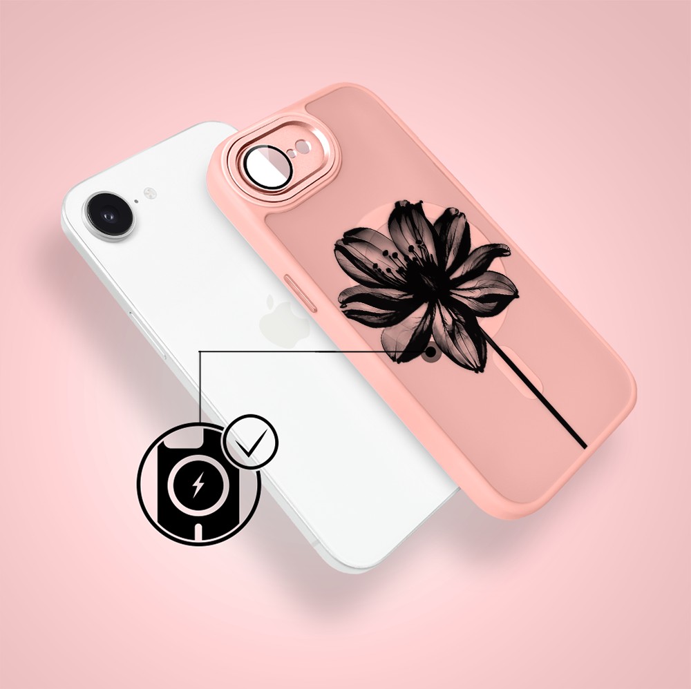Etui do iPhone 16e Color Flush z MagSafe, z osłoną aparatu, czarny kwiat, różowe