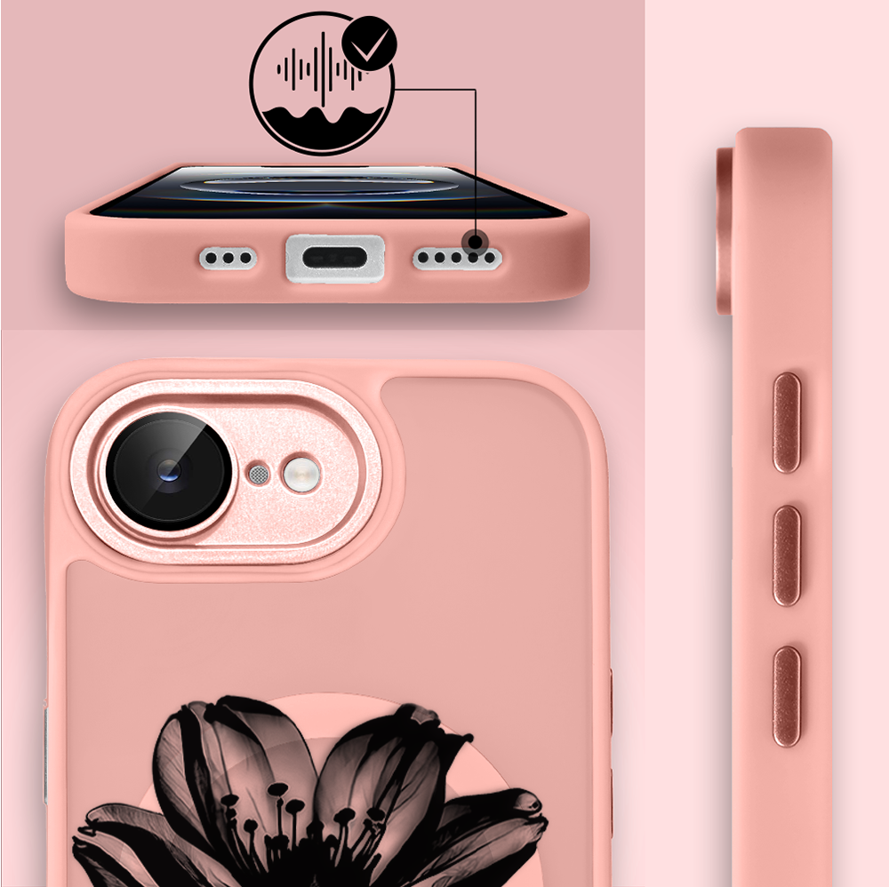 Etui do iPhone 16e Color Flush z MagSafe, z osłoną aparatu, czarny kwiat, różowe