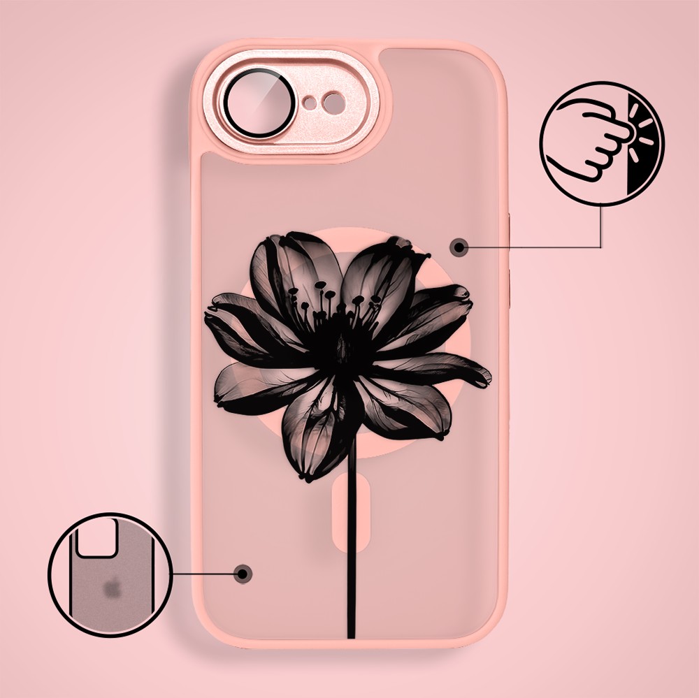 Etui do iPhone 16e Color Flush z MagSafe, z osłoną aparatu, czarny kwiat, różowe