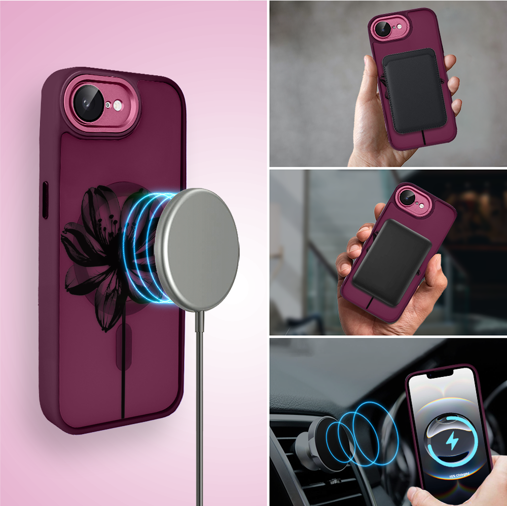 Etui do iPhone 16e Color Flush z MagSafe, z osłoną aparatu, czarny kwiat, wiśniowe