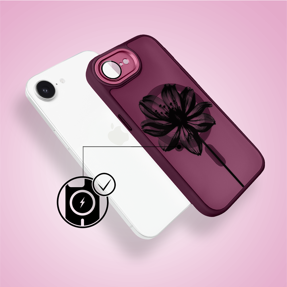 Etui do iPhone 16e Color Flush z MagSafe, z osłoną aparatu, czarny kwiat, wiśniowe