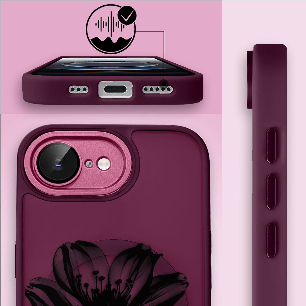 Etui do iPhone 16e Color Flush z MagSafe, z osłoną aparatu, czarny kwiat, wiśniowe