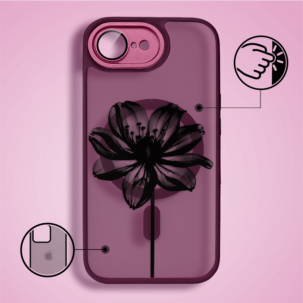 Etui do iPhone 16e Color Flush z MagSafe, z osłoną aparatu, czarny kwiat, wiśniowe