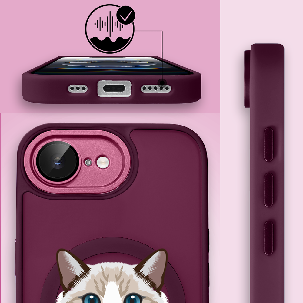 Etui do iPhone 16e Color Flush z MagSafe, z osłoną aparatu, kot birmański, wiśniowe