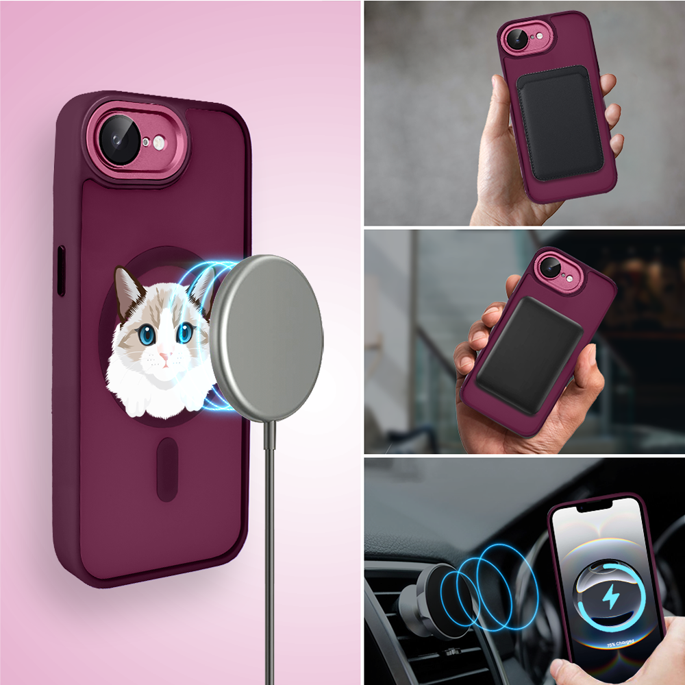 Etui do iPhone 16e Color Flush z MagSafe, z osłoną aparatu, kot birmański, wiśniowe