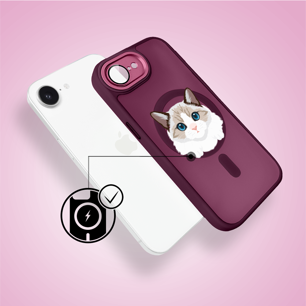 Etui do iPhone 16e Color Flush z MagSafe, z osłoną aparatu, kot birmański, wiśniowe