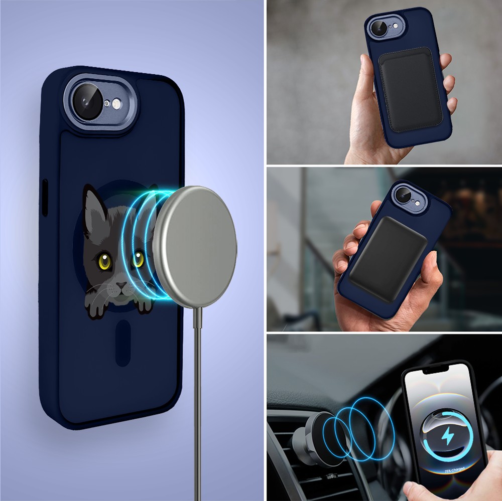 Etui do iPhone 16e Color Flush z MagSafe, z osłoną aparatu, kot bombajski, granatowe