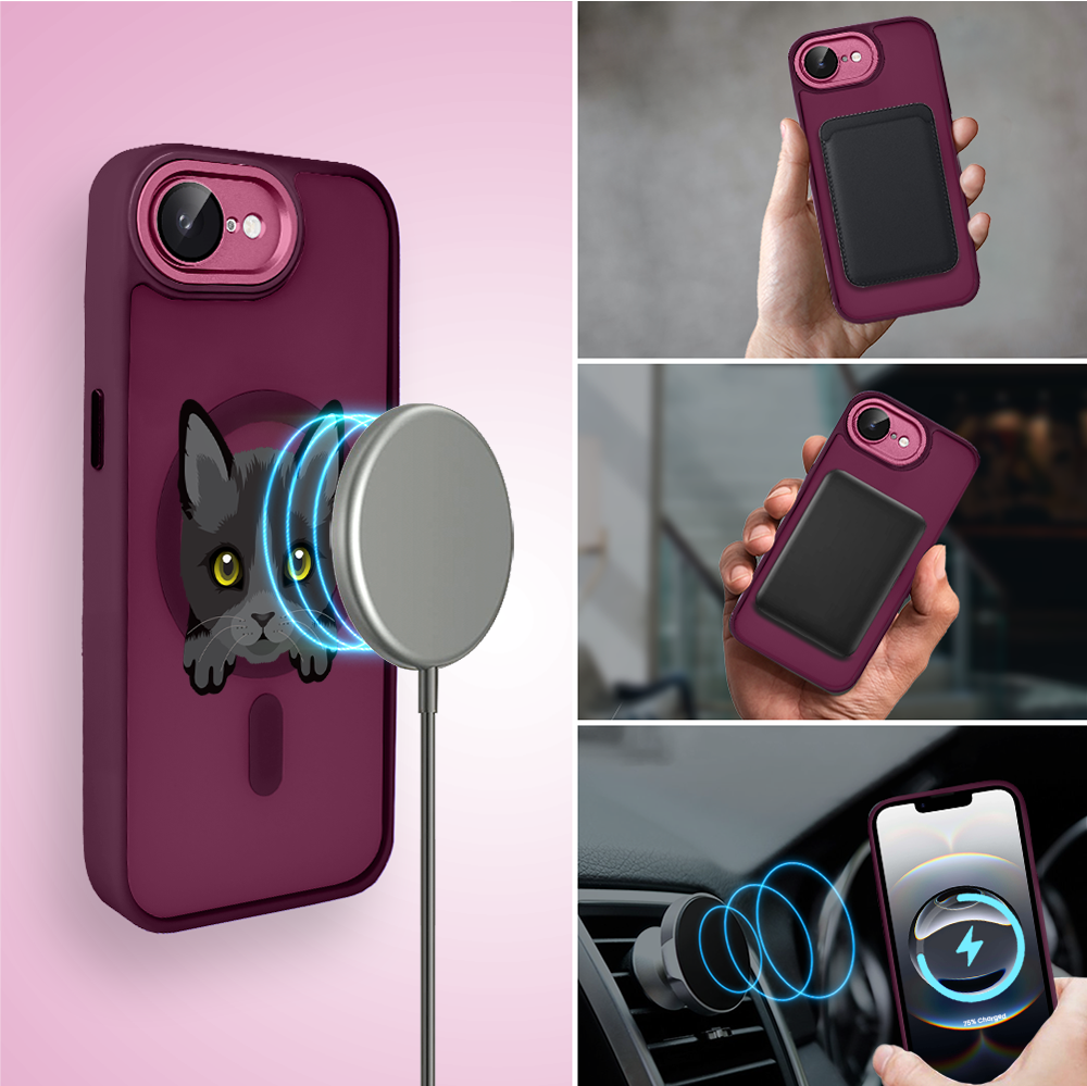 Etui do iPhone 16e Color Flush z MagSafe, z osłoną aparatu, kot bombajski, wiśniowe