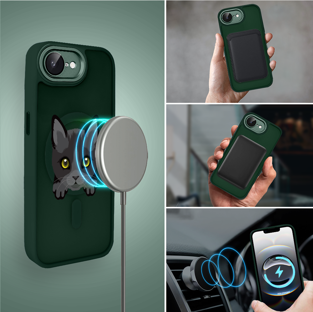 Etui do iPhone 16e Color Flush z MagSafe, z osłoną aparatu, kot bombajski, zielone