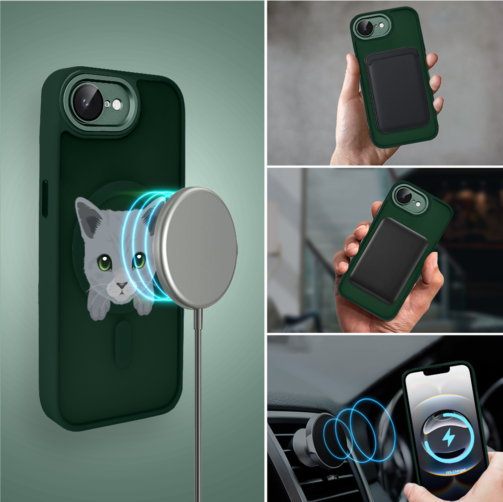 Etui do iPhone 16e Color Flush z MagSafe, z osłoną aparatu, kot brytyjski, zielone